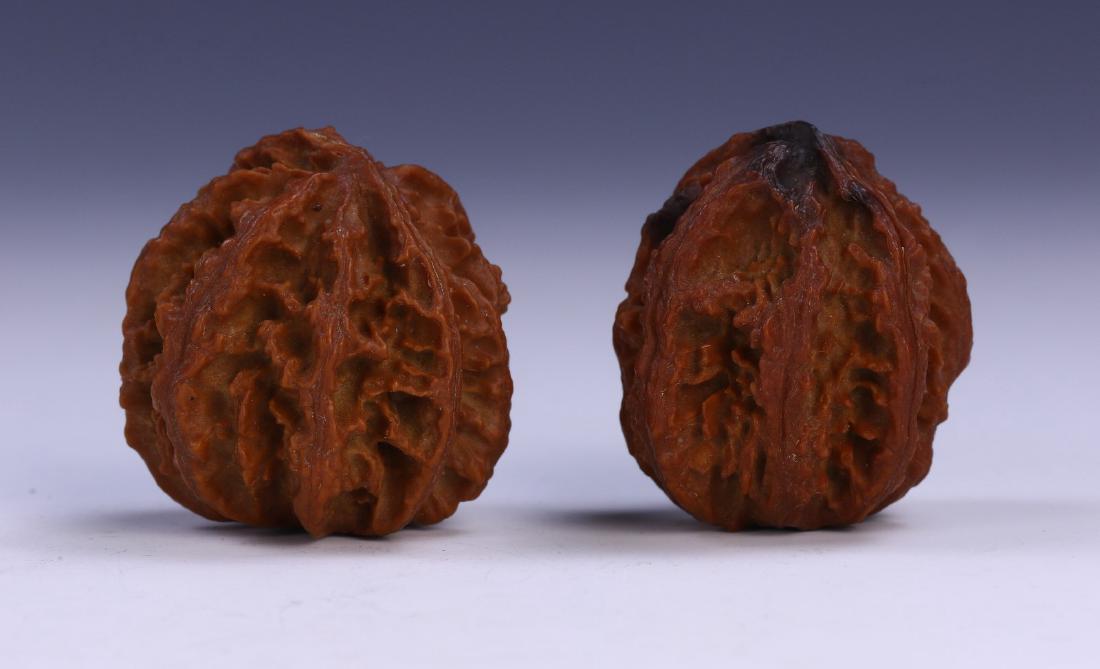 PAIR CHINESE CARVED WALNUTS: Pair Chinese Carved Walnuts: Each Finely Carved, The Walnut Of Mixed Medium To Dark Brown Tones; Size: D: 1-1/2" (3.81cm) [Each]