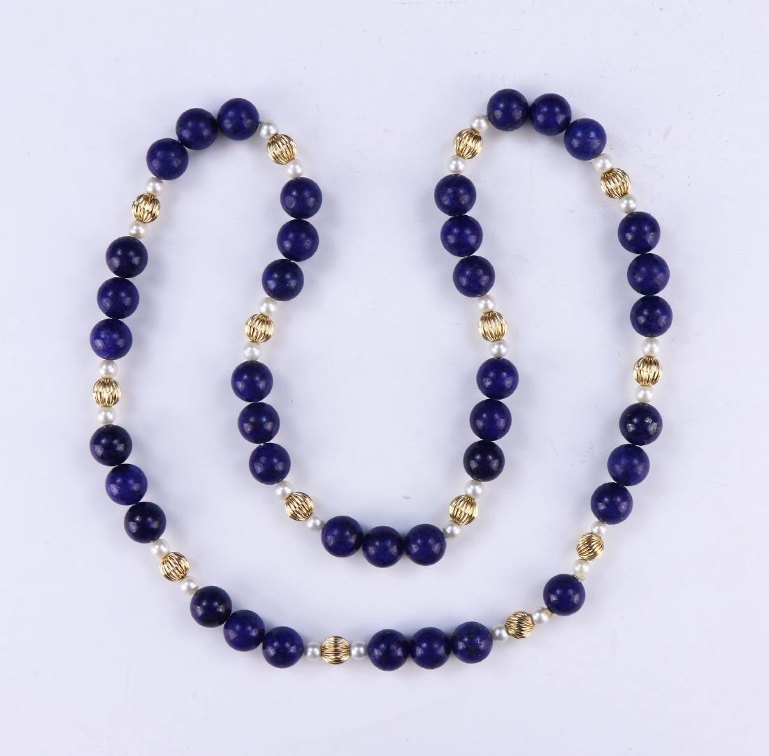 A LAPIS LAZULI BEADED NECKLACE, 14K GOLD (1 of 2)