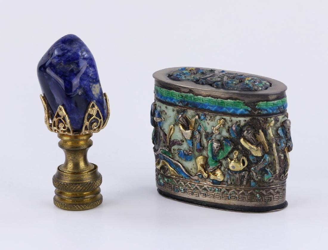A CHINESE ANTIQUE CLOISONNE ON SILVER CASE & LAPIS (1 of 3)