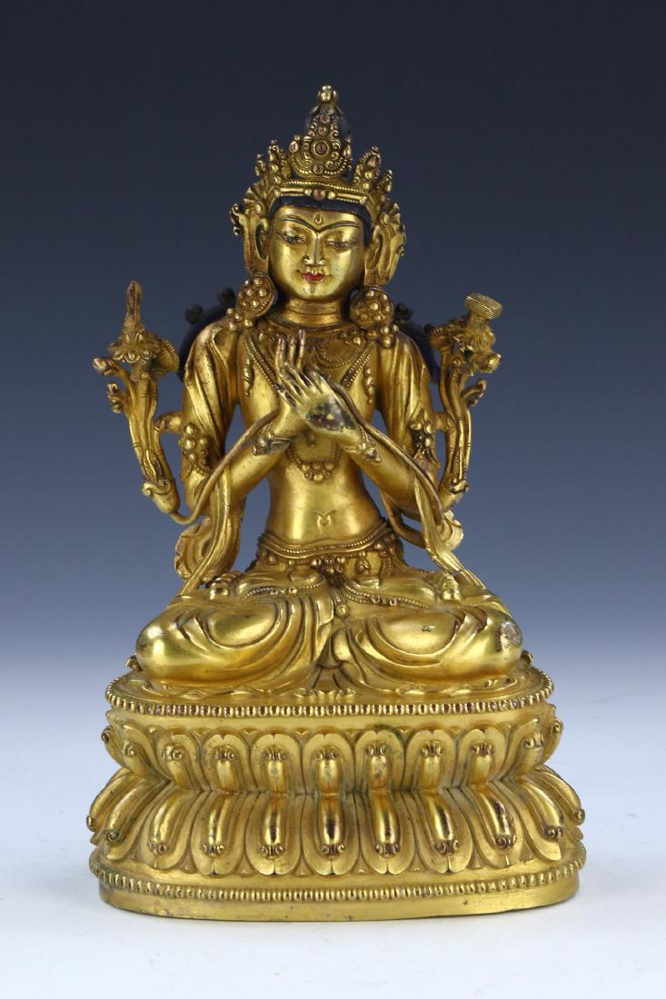 A CHINESE ANTIQUE GILT BRONZE FIGURE OF MANJUSHRI (1 of 10)