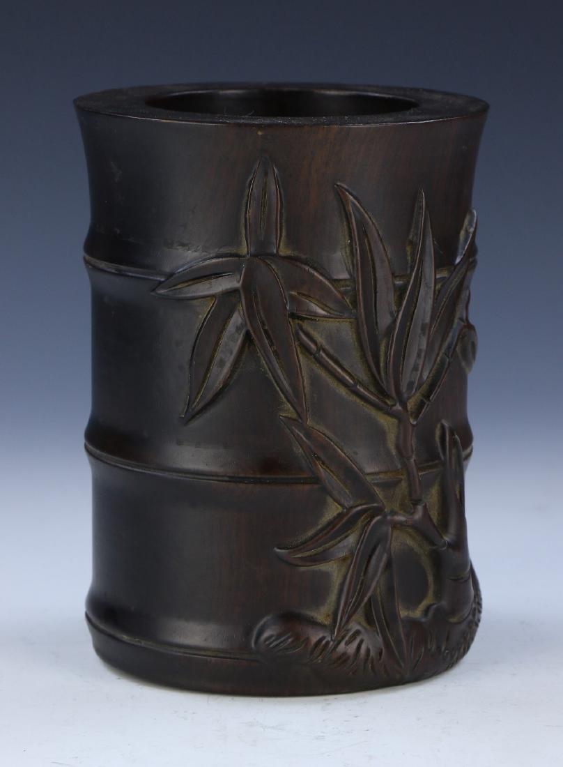 A CHINESE ANTIQUE WOOD BRUSH POT (1 of 4)