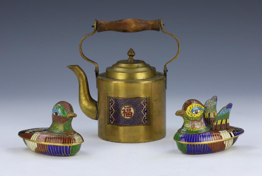 PAIR CHINESE CLOISONNE LIDDED CASES & BRASS TEAPOT (1 of 4)