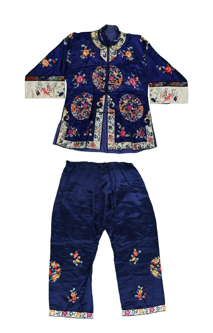 TWO (2) CHINESE EMBROIDERED SILK ROBE & PANT SET (1 of 3)