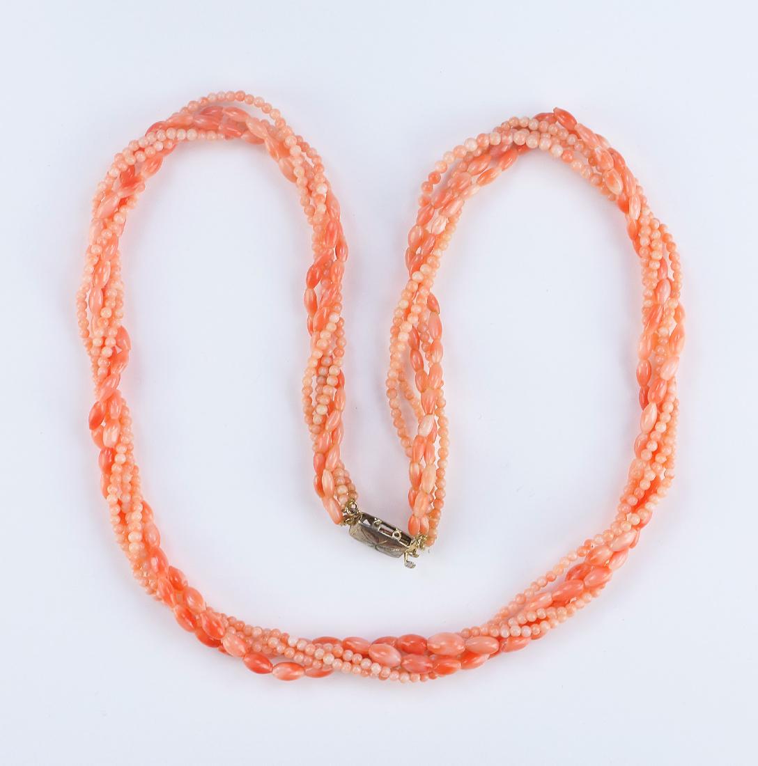 A CORAL FIVE-STRAND BEADED NECKLACE (1 of 2)