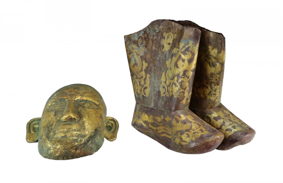 THREE (3) CHINESE ARCHAIC BRONZE MASK & BOOTS (1 of 4)