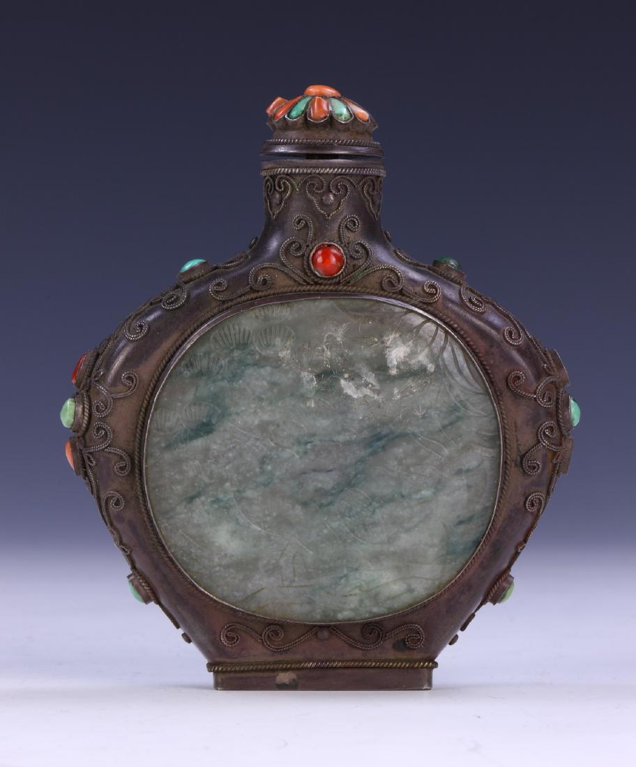 A CHINESE BRONZE & JADEITE CARVED SNUFF BOTTLE (1 of 3)