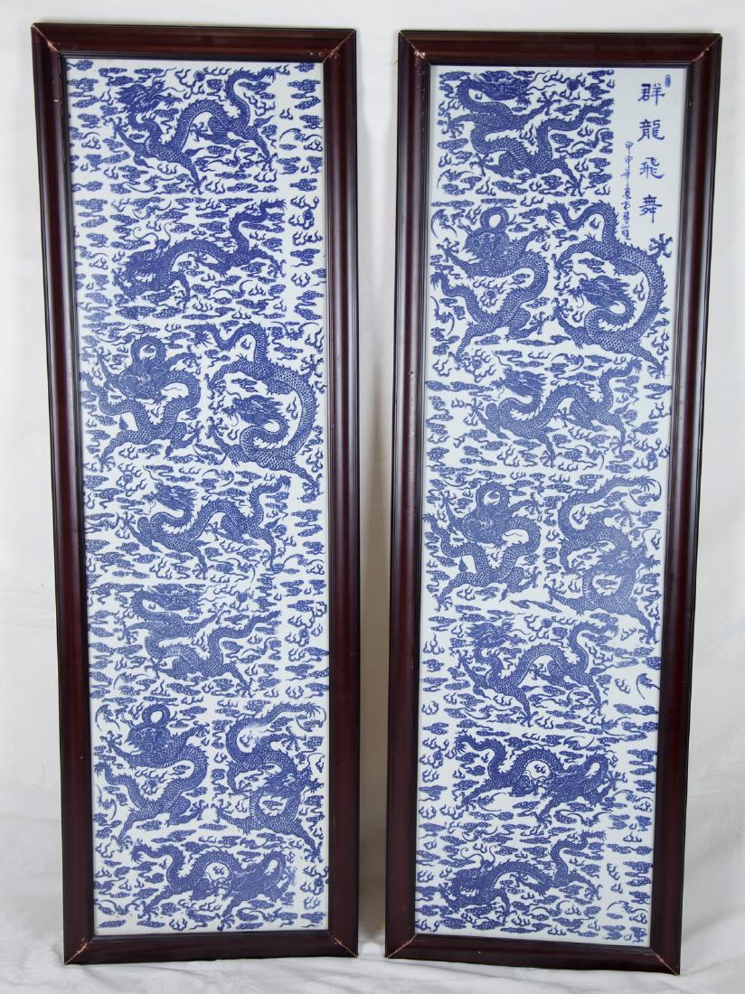 PAIR CHINESE FRAMED BLUE & WHITE PORCELAIN PLAQUES (1 of 2)