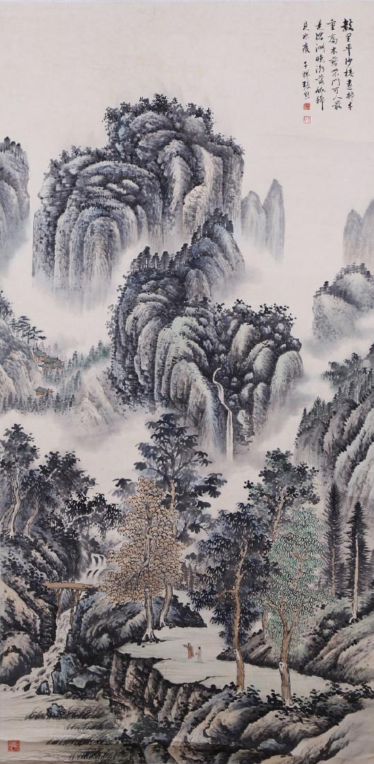 A CHINESE PAPER PAINTING BY ZHANG XIONG: 張熊山水立軸A Chinese Paper Painting By Zhang xiong: Landscape, ink And Color On Paper, Sealed And inscribed By The Artist; Size: H: 52" x W: 26" (132.08cm x 66.04c