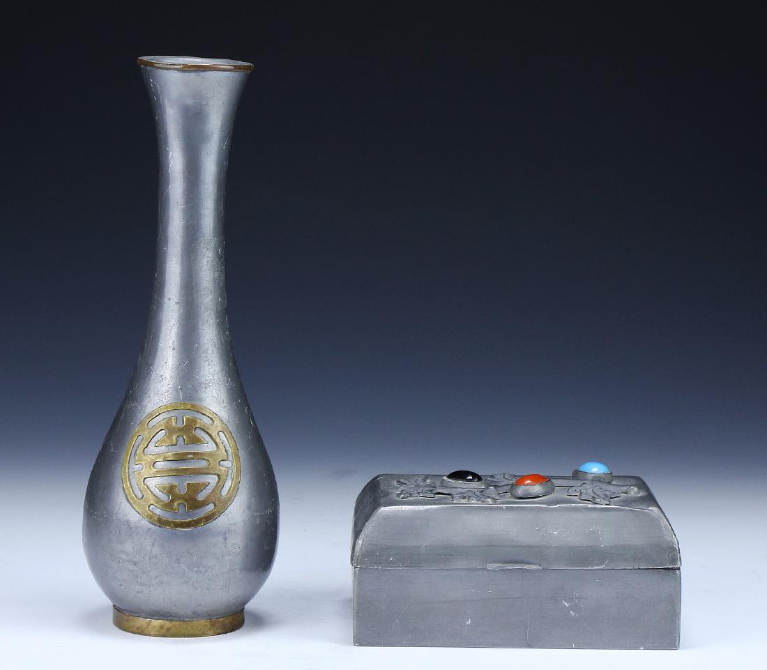 TWO (2) CHINESE JEWELED PEWTER VASE AND BOX: Two (2) Chinese Jeweled Pewter Vase And Box: including One Box With Cover inlaid With Turquoise, Agate And Tourmaline Cabochons, And One Vase Of Peared Shaped Body With Long And Slightly Flared Mouth,