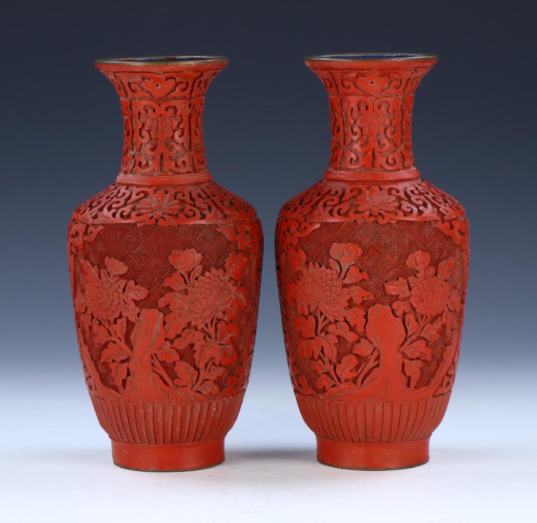 PAIR CHINESE RED CINNABAR LACQUER VASES (1 of 8)