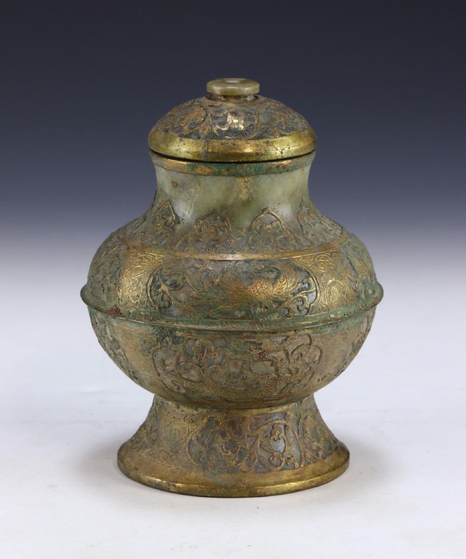 A CHINESE ARCHAIC BRONZE & JADE LIDDED VESSEL (1 of 4)