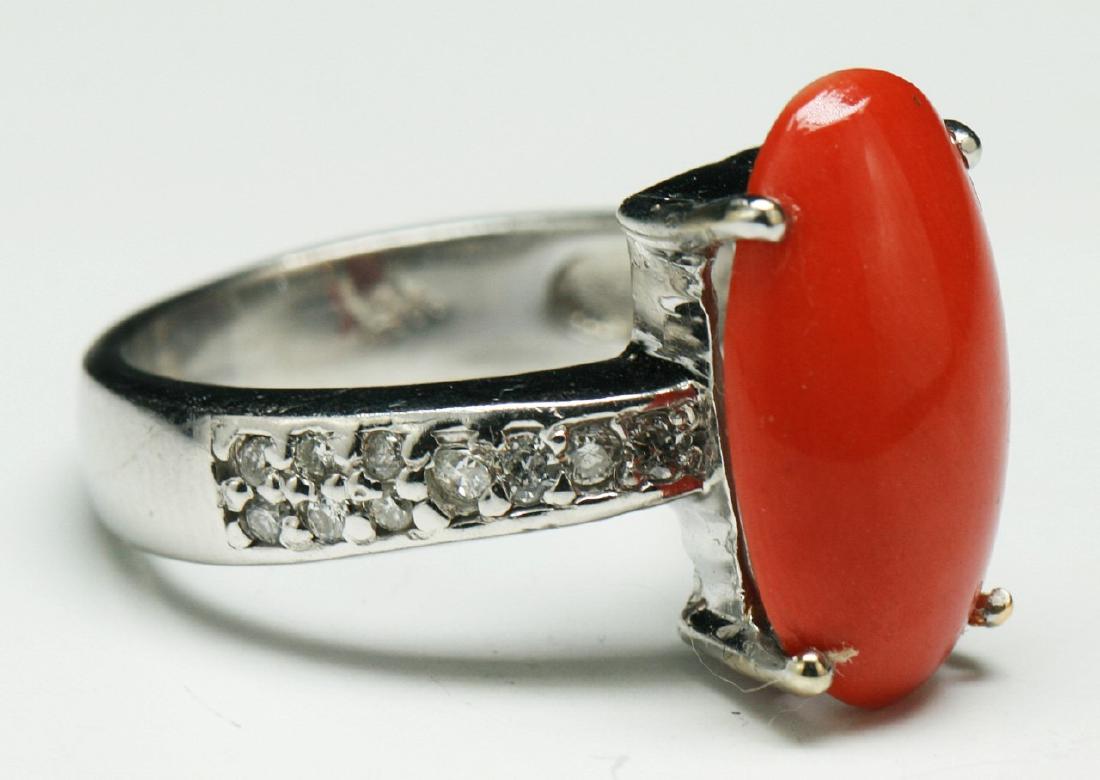 AN AKA RED CORAL & DIAMOND RING, 14K WHITE GOLD (1 of 4)