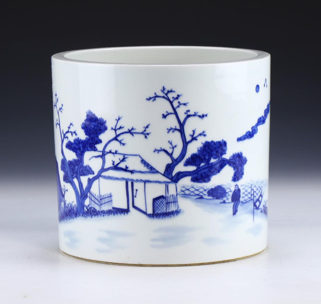 A CHINESE BLUE & WHITE PORCELAIN BRUSHPOT: A Chinese Blue & White Porcelain Brushpot: Of Cylindrical Form, Finely Painted With An inscription And A Lone Figure in A Large Courtyard, Four Character Wen Zhang Shan Dou Signed On The Base in Cobal