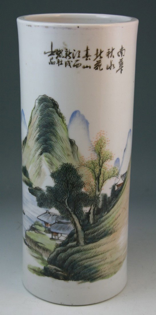 Chinese Minguo Famille Rose Porcelain Hat Stand: Chinese Minguo period famille rose porcelain hat stand: of mountainous landscape and seascape design with boats and dwellings amid pine and willow; H: 11-1/2"