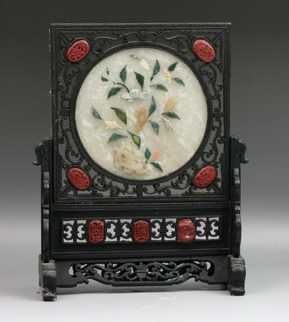 Chinese Carved Antique Jeweled Table Screen: Chinese finely carved jeweled jade table screen: with design of jeweled blossoms inlayed in jade hardstone; with elegant Zitan or Zitan-like wood frame of the scrolling vines open design; Minguo perio
