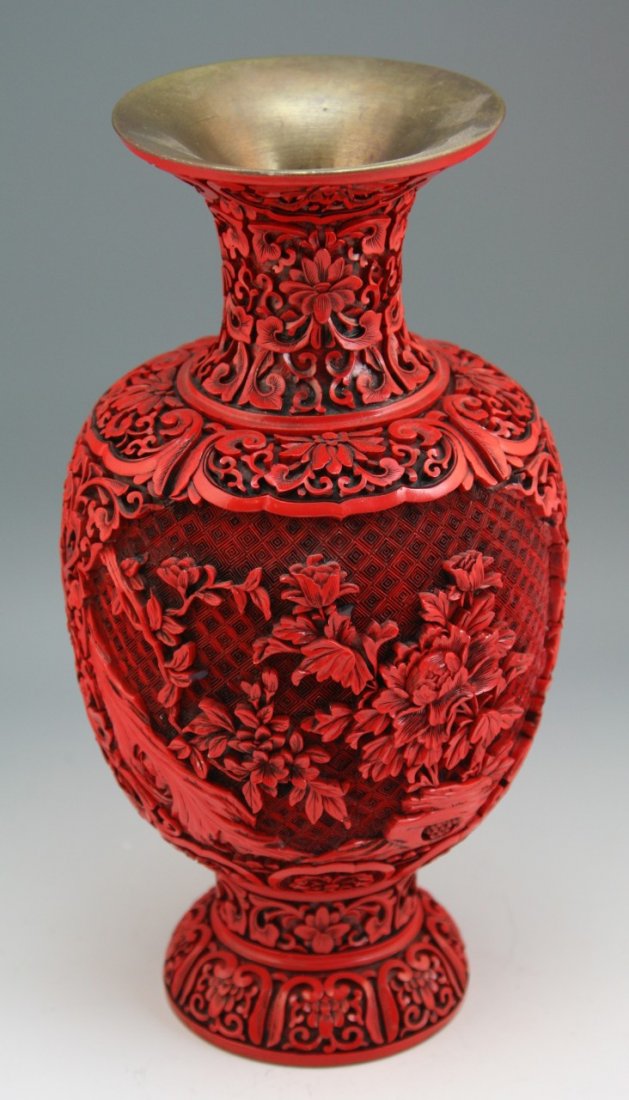 17 Old Chinese Red Lacquer Vase On Brass