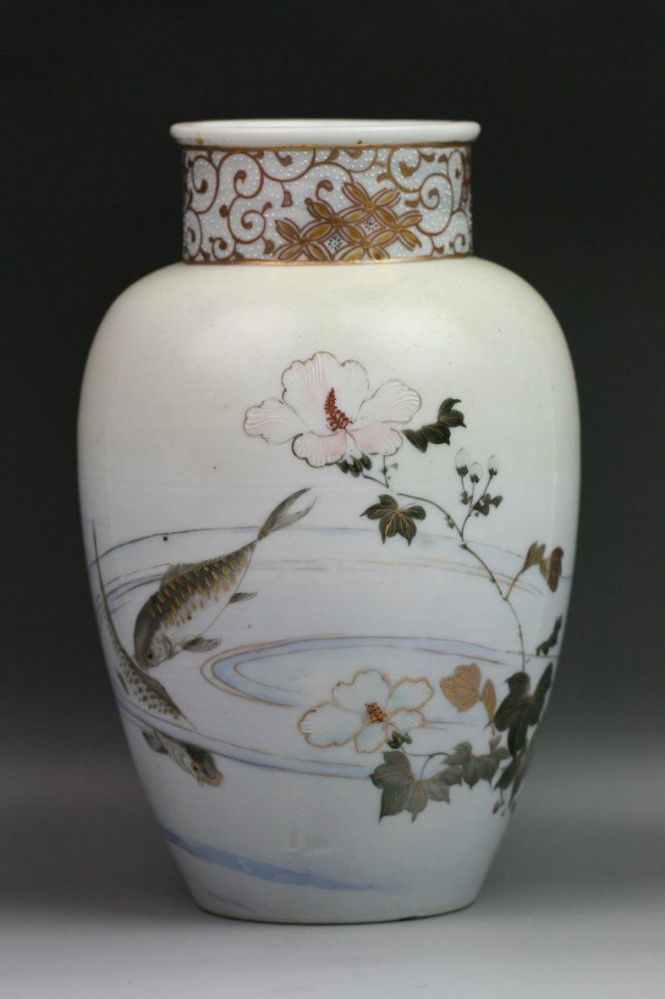 Japanese Antique Gilt Satsuma Porcelain Vase: Very beautifully and detailed painted Japanese Satsuma gilt moriage porcelain vase: decorated with two fish swimming in a river with lotus blossoms and buds while butterfly flying above; with gilt scr