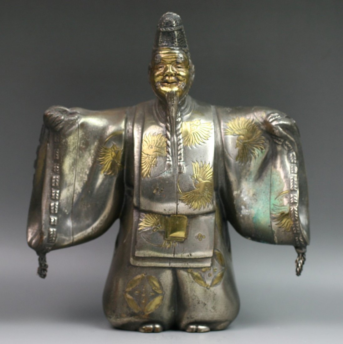Japanese Antique Gilt Mixed Metal Statue: Japanese Antique Mixed Metal Statue of Figure: gilt; with two arms open; early 20th century; H: 7-1/2" W: 7"