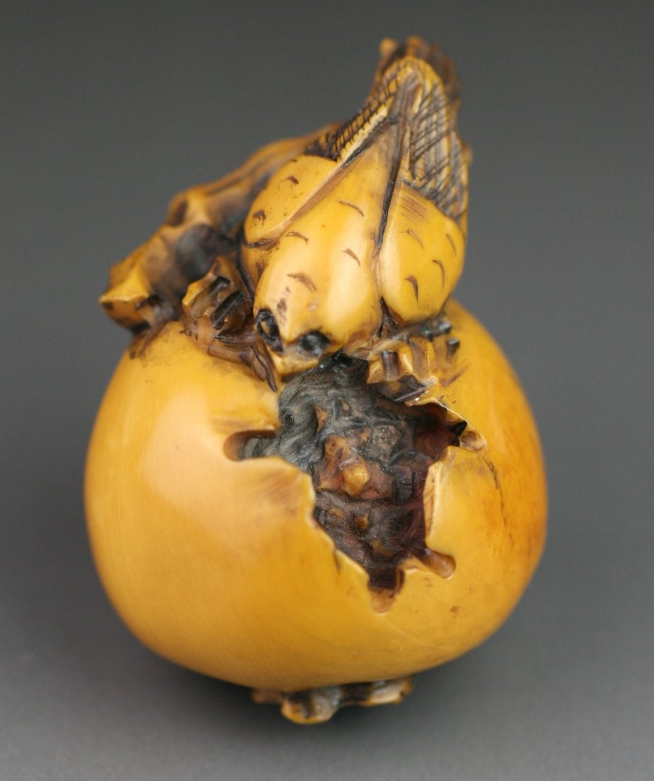Antique Carved Ivory Netsuke: Bird On Pomegranate: Antique Carved Ivory Netsuke: Bird On Pomegranate; signed on the bottom; L: 2-1/4"
