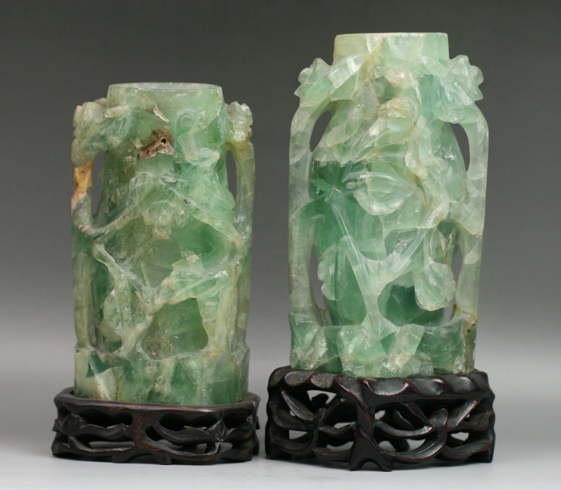 Pair Chinese Carved Fluorite Gemstone Brush Pots: Pair Chinese Fluorite Gemstone Carved Brush Pots: both depict birds with flowers; Vintage fit wood stand; Minguo period; H: 6" jade