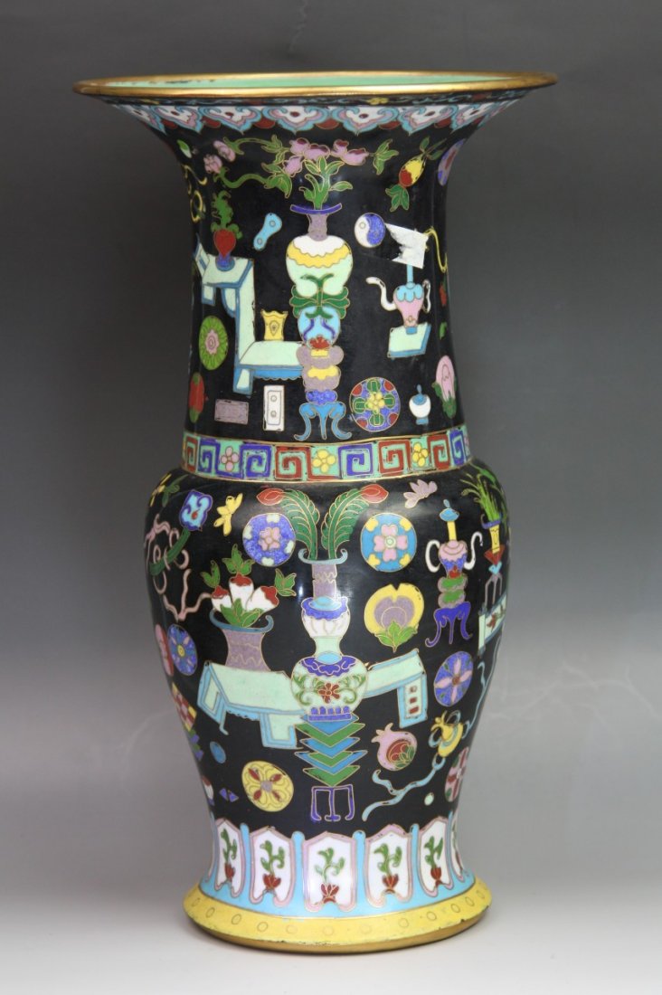 Massive Vintage Chinese Cloisonne Yen Yen Vase: Massive Vintage Chinese Cloisonne Yen Yen Vase: exterior with brightly enameled design of flowers in vases and auspicious fish on black-glazed ground; interior turquoise-glazed; Minguo period ; H: 15-
