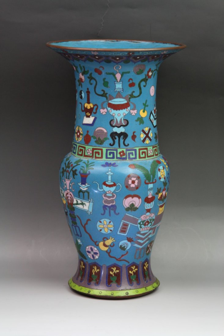Massive Vintage Chinese Cloisonne Yen Yen Vase: Massive Vintage Chinese Cloisonne Yen Yen Vase: exterior with finely enameled flowers in vases, table screens and auspicious fish on blue-glazed ground; Minguo period ; H: 15-1/2"