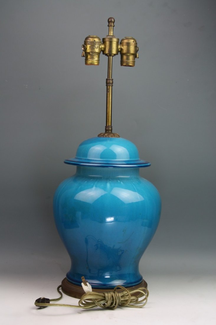 Chinese Antique Blue-Glazed Porcelain Table Lamp: Chinese Vintage Porcelain Table Lamp: brightly blue-Glazed; temple jar in baluster form; 19th/20th Century; H: 24-1/4"