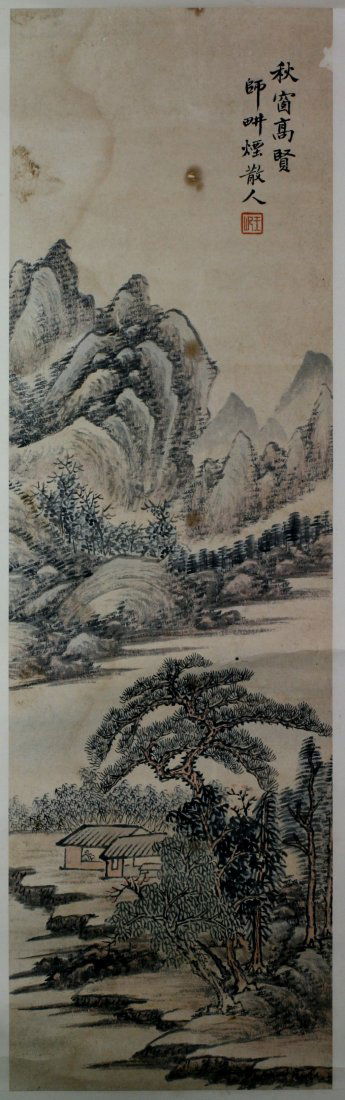 Antique Chinese Paper Scroll Painting by Wang Hui: Antique Chinese hanging scroll painting: attributed to Wang Hui(Chinese Qing Dynasty; 1632|1717); ink and colors on paper; depicting a mountainous landscape with trees and dwellings; with sign and sea