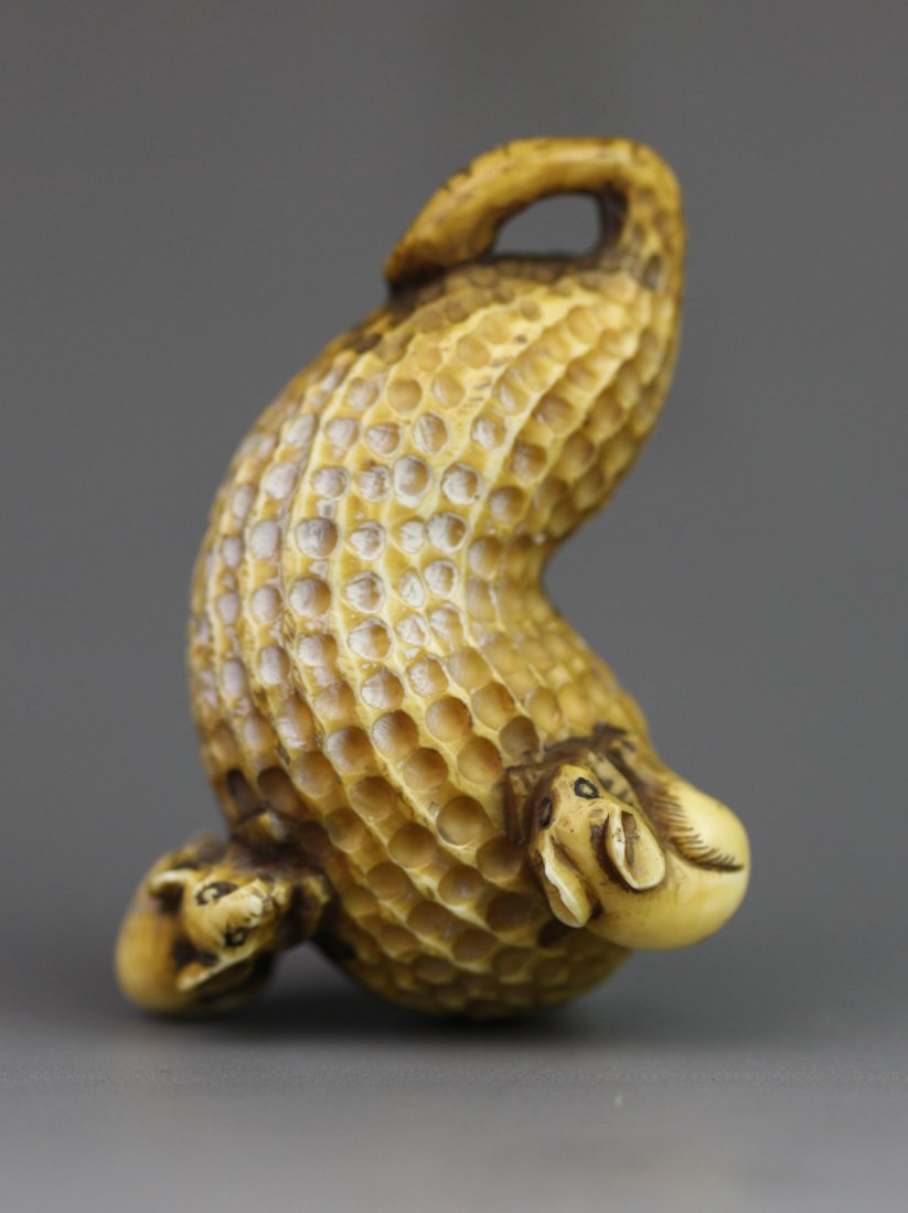 Antique Carved Ivory Netsuke: Rats On Peanut: Antique carved ivory netsuke: one peanut with two small rats eating from it: signed: 19th century; Size: L: 2-1/2"