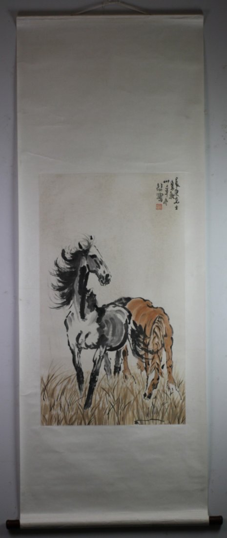 A Fine Chinese Painting Scroll By Xu Beihong: A Chinese Painting Hanging Scroll by Xu Beihong: grazing horses, attributed to Xu Beihong, ink and colour on paper, signed Bei Hong, inscribed, and with seal of the artist; Size: (Painting) L: 34-3/4"
