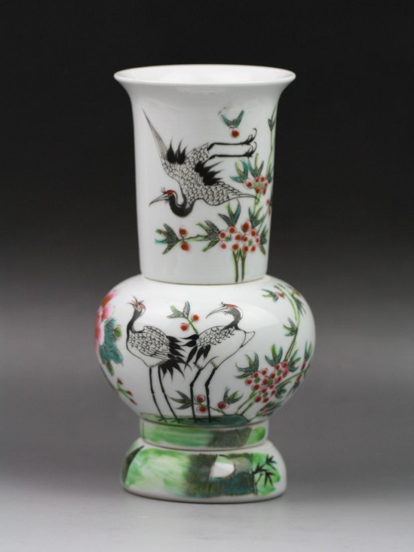 A Chinese Four-Piece Sectional Famille Rose Vase: A Chinese four-piece sectional famille rose porcelain vase: well decorated with crane flying in the garden with blooming peony branches, with calligraphy poem, with iron-red hallmark of "Chu Ren Tang