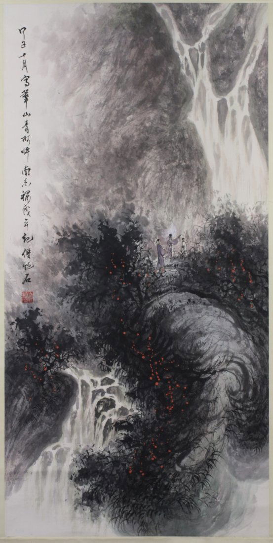 A Painting Paper Hanging Scroll By Fu Baoshi: A Painting Paper Hanging Scroll: Landscape, ink and color on paper, attributed to Zhao Zhiqian(1904~1965), inscribed, with one seal of the artist; Size: (Painting) H: 38"; W: 19"(Overall) H: 72"; W: 2