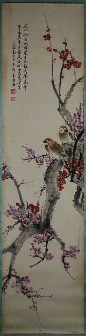 A Fine Painting Hanging Scroll By Jin Mengshi: A Fine Painting Hanging Scroll: attributed to Jin Mengshi, depicting the scene of two birds perched on a prunus tree, with poem calligraphy and seals on the upper right, late Qing dynasty/Minguo perio