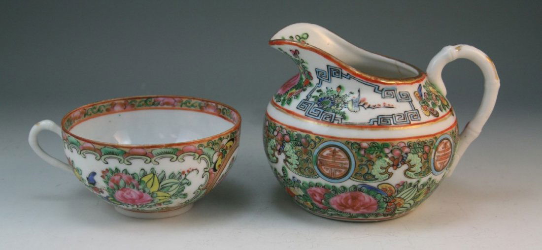 Two Chinese Antique Medallion Porcelain Items: Two Chinese Antique Medallion Porcelain Items: egg shell porcelain tea cup and sugar can, decorated with panels of blooming peony flowers, birds perching on flowering branches with butterflies around,