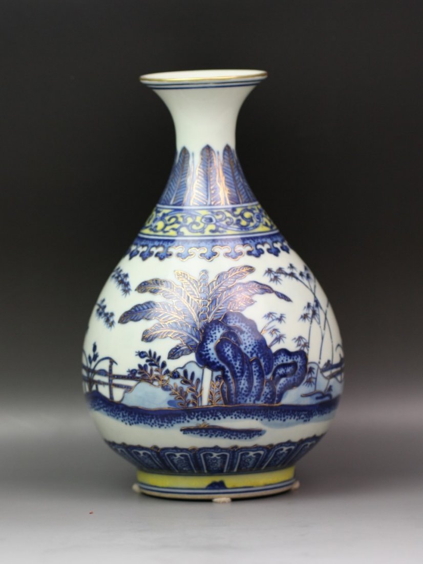A Blue & White Ming Style Pear-Shaped Vase: A Blue & White Ming Style Pear-Shaped Vase, Yuhuchung Ping: painted around the body imitating 'heaping and piling' effect with plantain and bamboo growing beside rocks from grassy mounds on a continuo