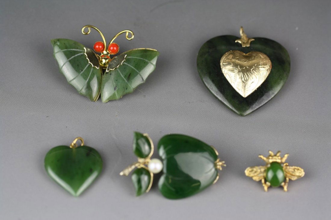 A Set Of Five Green Jade Brooches: A Set Of Five Green Jade Brooches: carved from the jade of dark green tone as butterfly, apple, bee and two heart shaped, flanked by 14K gold; Size: L:40MM