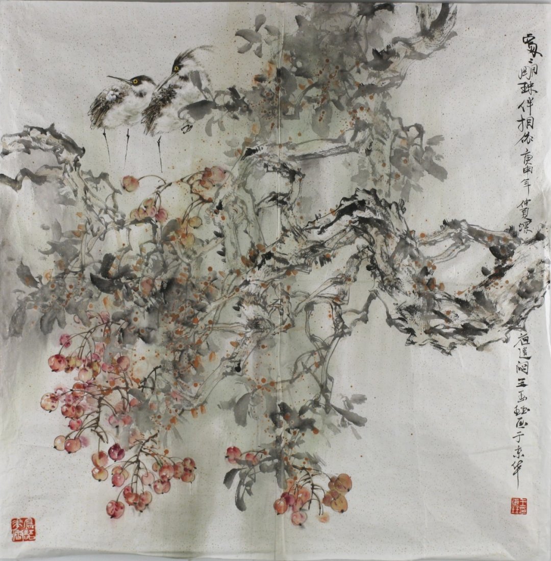 A Painting Paper Scroll By Wang, Yujue: A Painting Paper Scroll: Birds on tree branches, ink and color on paper, attributed to Wang, Yujue(1937- ), inscribed, with two seals of the artist; Size: H: 27-1/4" W: 27"