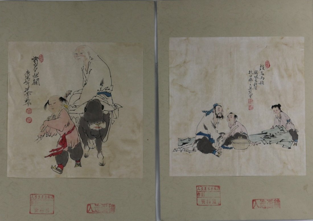 A Pair Of Paper Paintings By Fan, Zeng: A Pair Of Horizontal Paper Paintings: ink and color on paper, attributed to Fan, Zeng(1938- ), first depicting Laozi leaves China on his water buffalo, second depicting Zhuangzi singing with his two k
