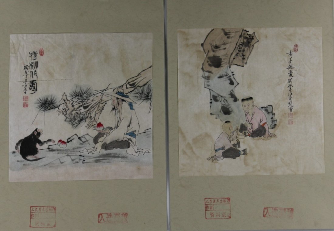 A Pair Of Paper Paintings By Fan, Zeng: A Pair Of Horizontal Paper Paintings: ink and color on paper, attributed to Fan, Zeng(1938- ), first depicting a figure sitting beside a tree holding a peach in his hand while a monkey try to get othe