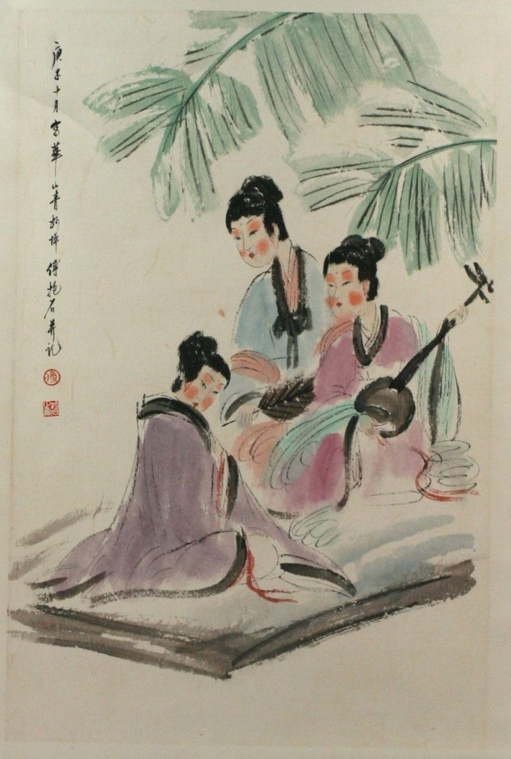 A Fine Painting Hanging Scroll By Fu, Baoshi: A Fine Painting Hanging Scroll: ink and color on paper, attributed to Fu, Baoshi (1904-1965), depicting three women figures sitting, one holding instrument, one holding fan, branches in painting, insc