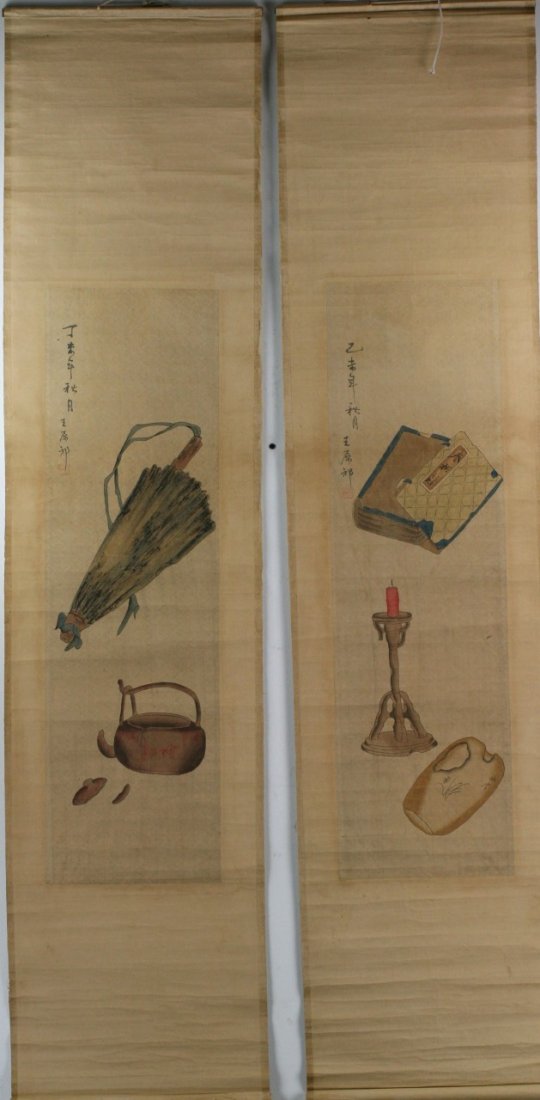 A Pair Of Antique Painting Hanging Scrolls: A Pair Of Antique Painting Hanging Scrolls: ink and color on paper, attributed to Wang, Yuanqi (1642-1715), each with one seal of artist on painting; Size: (PAINTING)H36X 10 1/2"W(OVERALL)H66"X 15 3/4
