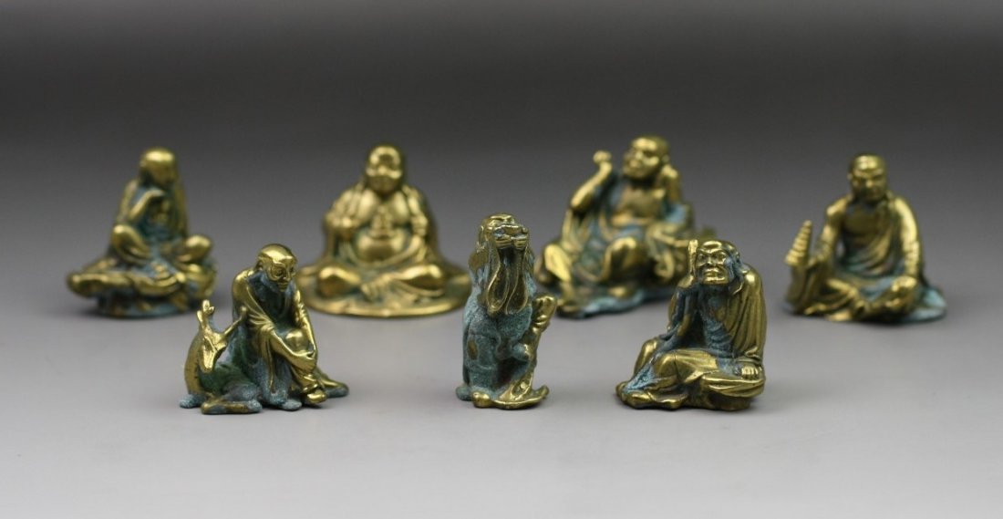Set Of Miniature Bronze Statues of Seven Arhats: Set Of Miniature Gilt Bronze Statues of Seven Arhats: late 19th/early 20th century; Size: H: 2"