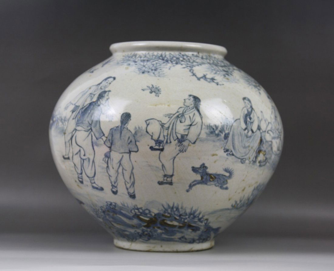 A Korean Antique Blue & White Porcelain Jar: A Korean Antique Blue & White Porcelain Jar: early 19th Century; Size: H: 10 1/2 W: 11"