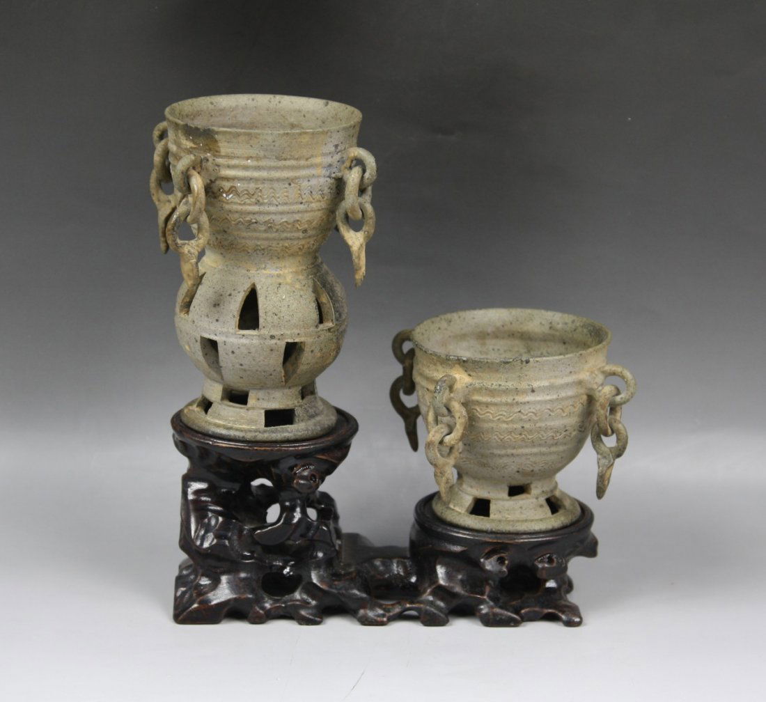 A Set Of Korean Antique Silla Pottery Vases: A Set Of Korean Antique Silla Pottery Vases: on wood stand, Circa 16th century. Size: H: 8-1/4"(Overall)