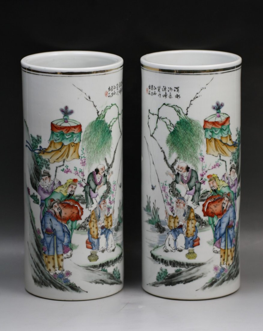 Pair Chinese Famille Rose Porcelain Brush Holders: Pair Chinese Famille Rose Porcelain Brush Holders: both of cylindrical forms, well painted in brilliant enamels with the scene of legend of "King Wen of Zhou Visiting Jiang Ziya at Weishui River", bot