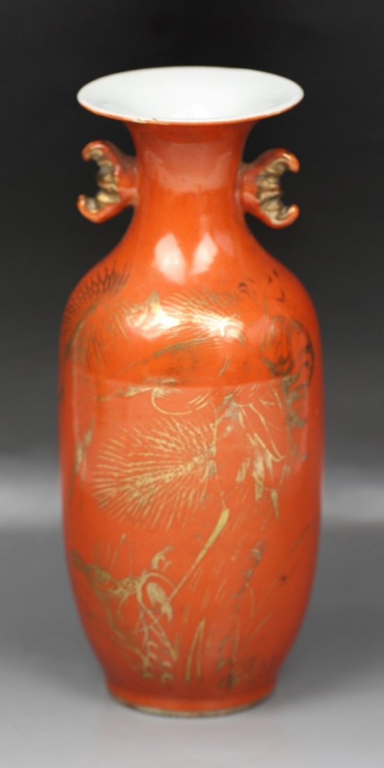 Chinese Antique Gilt Iron-Red Glazed Vase: Chinese Antique Gilt Iron-Red Glazed Porcelain Vase: applied overall with rich iron-red glaze, of Minguo period; Size: H: 8-3/8"