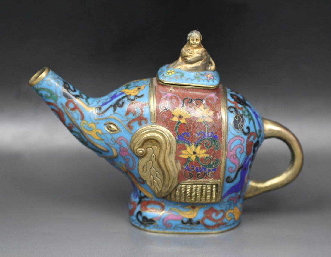 A Chinese Gilt Cloisonne Bronze Teapot: A Chinese Gilt Cloisonne On Bronze Monkey Shaped Teapot: of Minguo period; Size: L: 7"; H: 5"