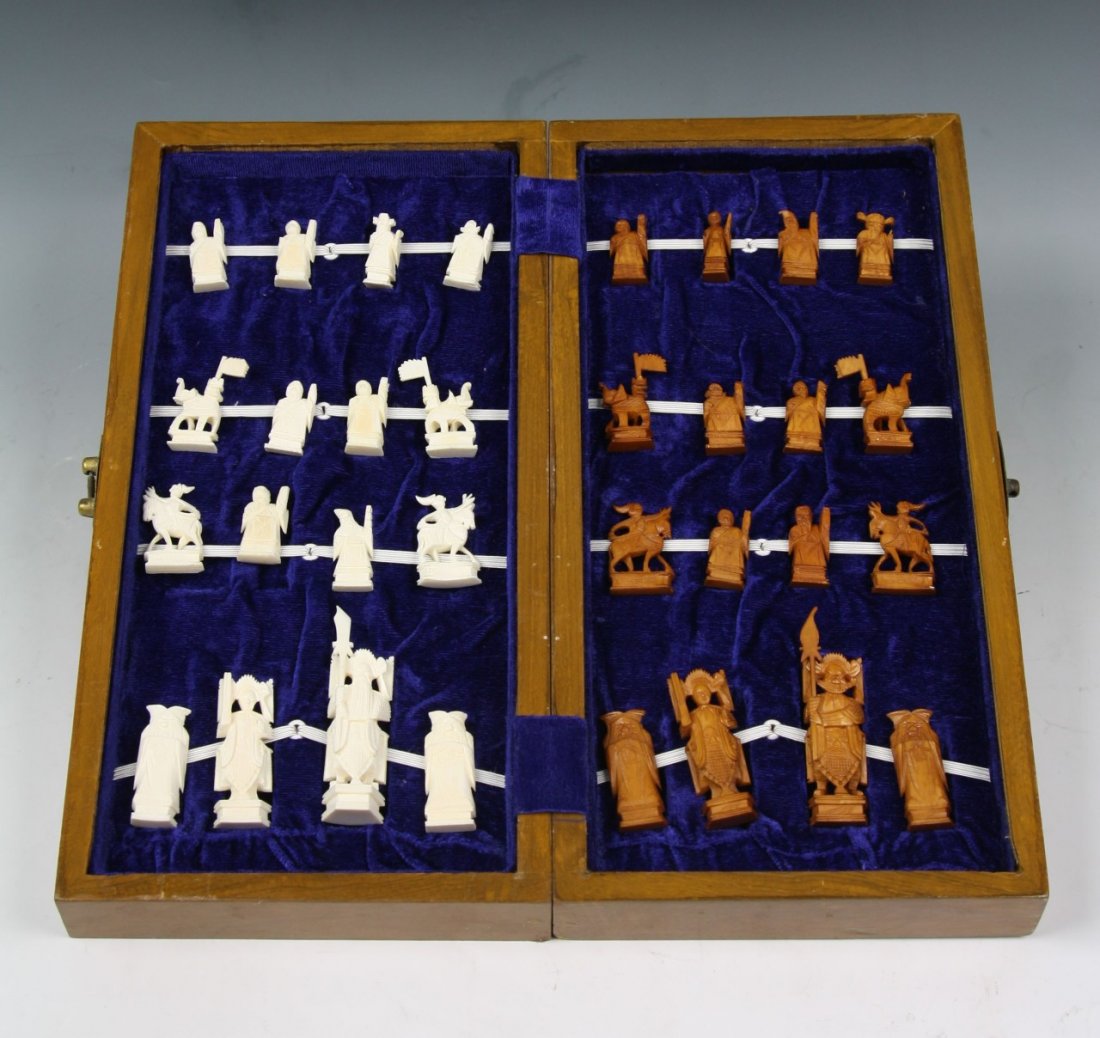 A Complete Set Chinese Carved Ivory Chess: A Complete Set Chinese Carved Ivory Chess; Size: H: 3-1/2" (each piece)