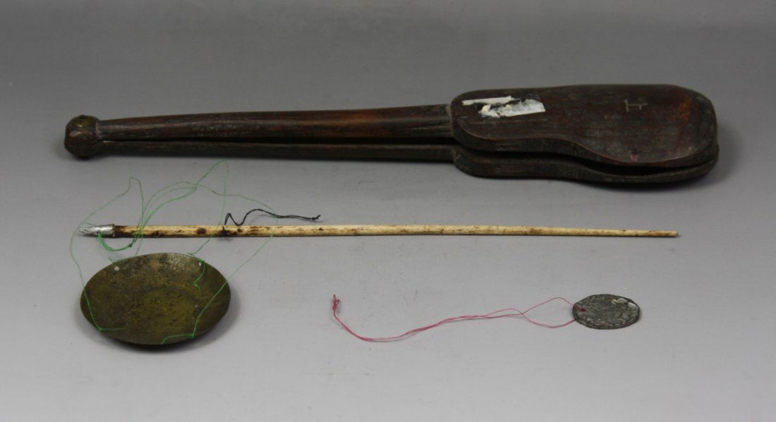 A Chinese Antique White Brass Steelyard: A Chinese Antique White Brass Steelyard: with ivory scale beam and peach wood box, late Qing Dynasty; Size: L: 10-1/2"