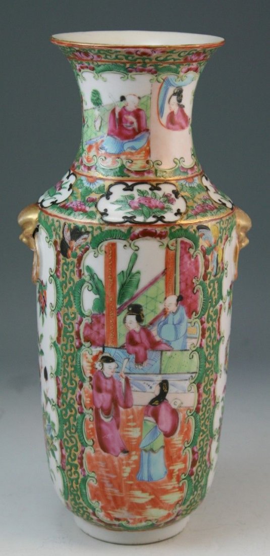 Chinese Minguo Canton Famille Rose Porcelain Vase: Chinese Canton style famille rose porcelain vase with archaistic dragon-head-shaped ears: with panels of birds perching on flowering branch with flying butterfly; and two scholars conversating in a st